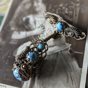 Antique Glass Turquoise Coiled Metal Dangle Brooch